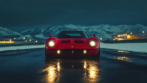 Red classic sports car glowing on a snowy night road.