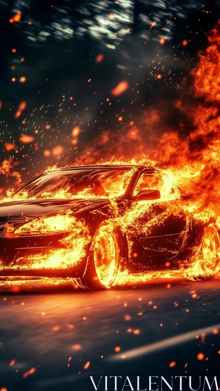 Inferno Unleashed: Sports Car Consumed in Apocalyptic Blaze.