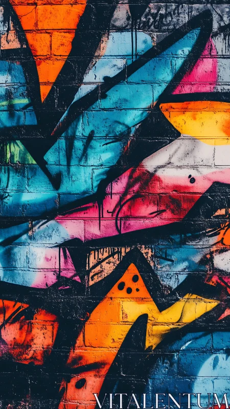 Vibrant angular graffiti on brick wall in urban abstract style.