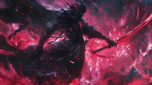 Storm of crimson energy surrounds a shadowy sword warrior