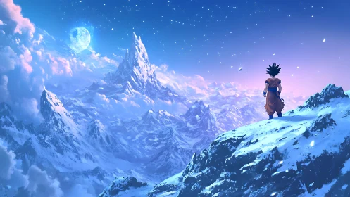 Solitary anime warrior surveys icy alpine range under luminous moon