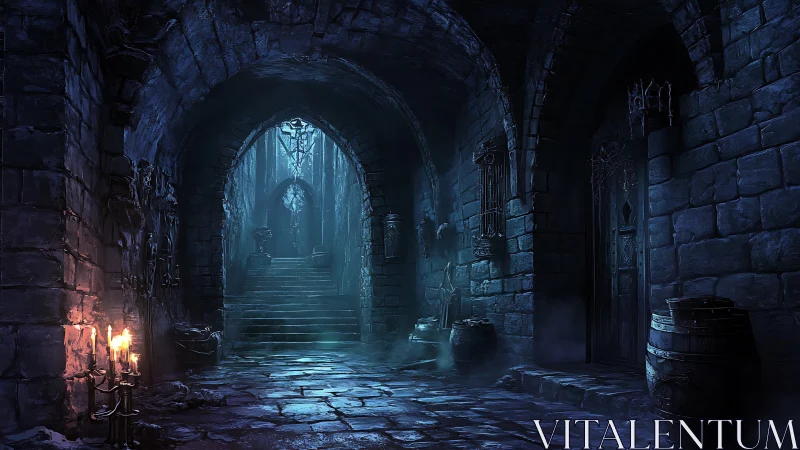 Gothic stone crypt corridor recedes toward misted stairway
