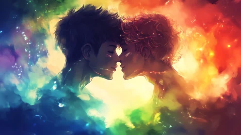 Two Male Figures in Profile Against Radiant Colorful Light