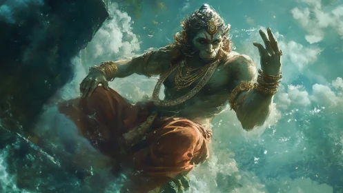 Mythic simian deity rendered in dynamic atmospheric depth and light