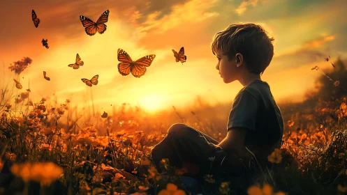 Boy seated in meadow observing butterflies at sunset.