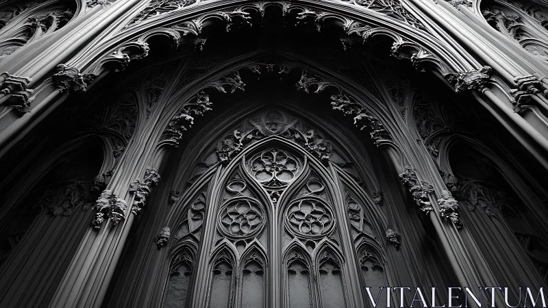 Gothic steel cathedral façade carved in shadows and light.