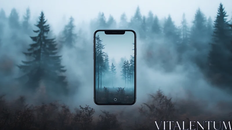 Smartphone displaying misty forest landscape within foggy woodland
