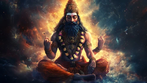 Cosmic sage in meditative lotus amid nebular energy field.