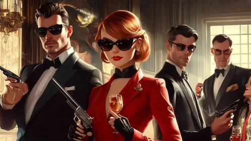 Elegant spy cabal holds silenced pistols in lavish salon.