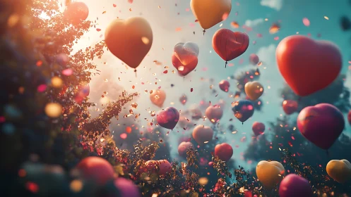 Heart Balloons Rise Through Golden Light Cascade