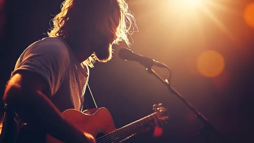 Golden hour guitarist sharing a heartfelt song onstage.