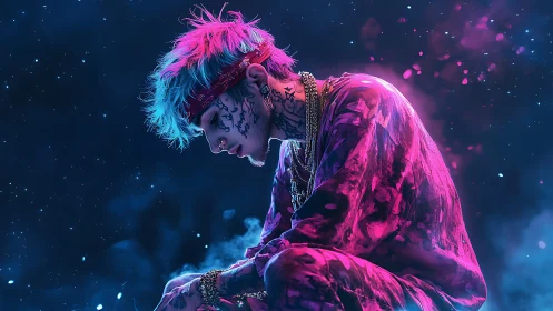 Neon-lit tattooed rapper in cosmic nightscape portrait.