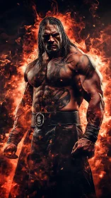 Fire-wreathed warrior stands amid blazing inferno