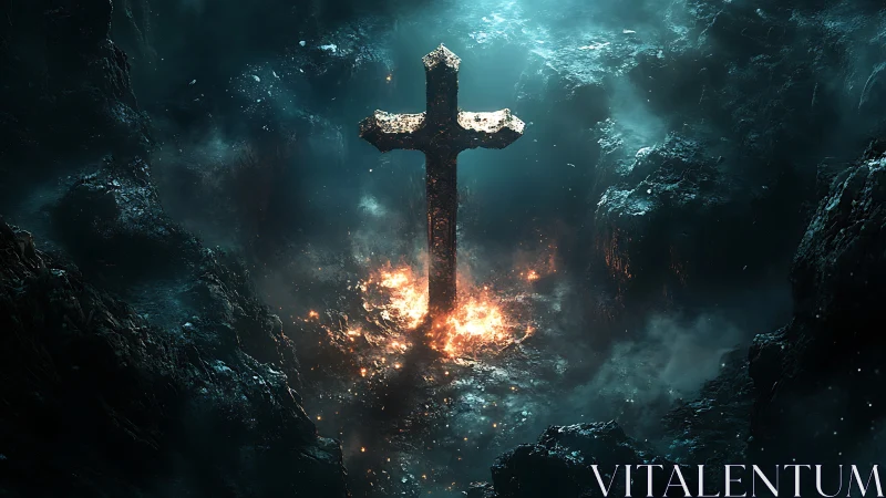 Lone stone cross rises from glowing embers in abyssal mist.