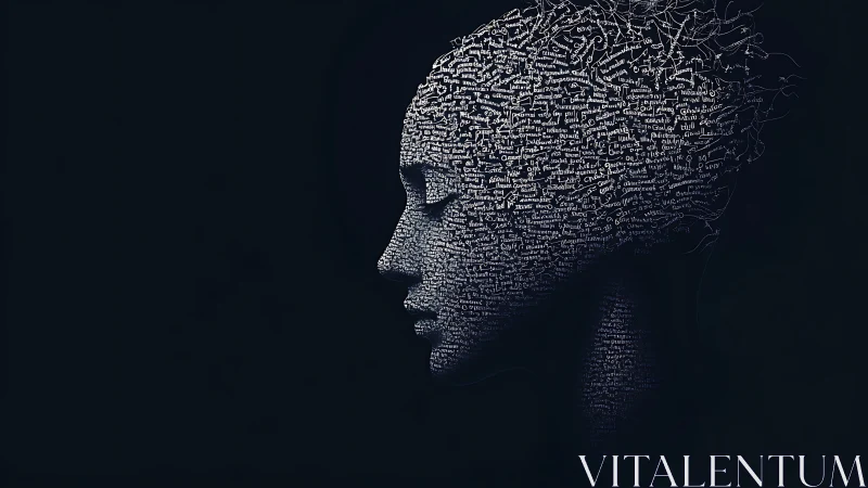 Side profile head silhouette built from dense handwritten text