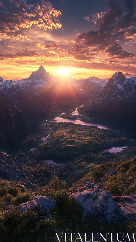Golden sunrise pours soft light over a tranquil valley