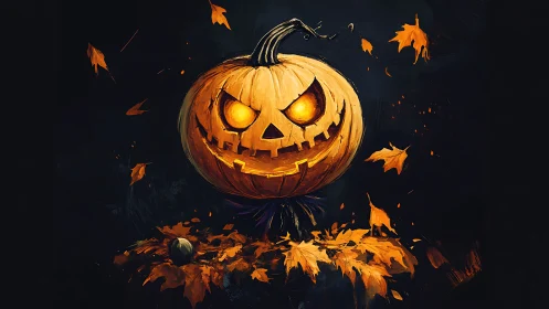 Grinning ember-eyed jack-o’-lantern whirling through autumn night.