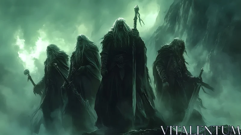 Ghostly dark riders emerge from emerald mountain mists.