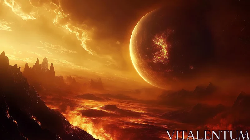 Molten alien horizon under burning eclipsed planet sky.
