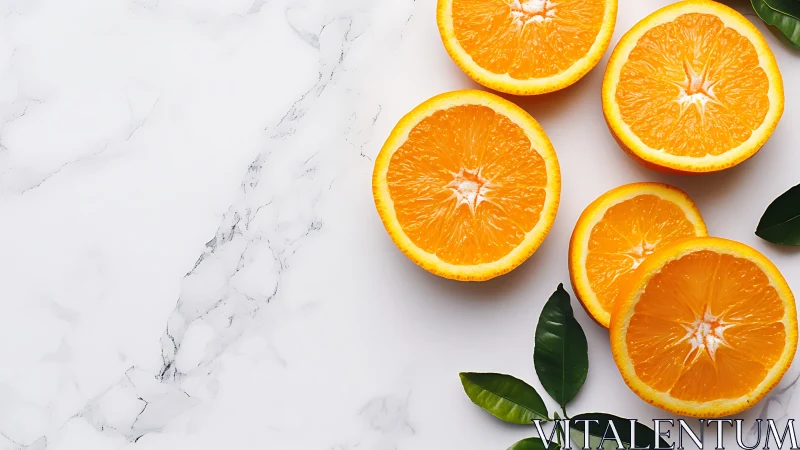 Fresh orange halves rest on clean white marble surface