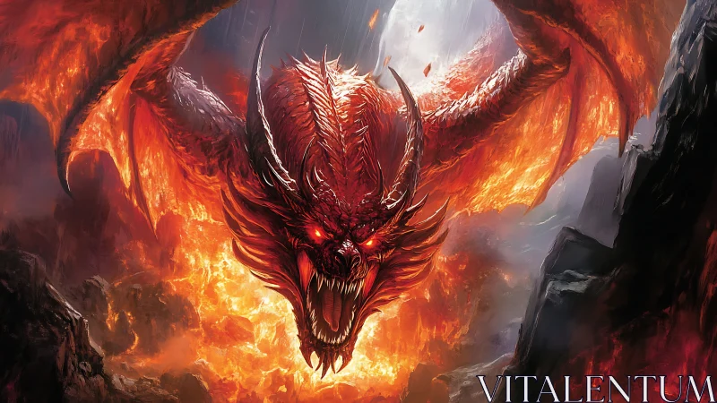 Infernal dragon descending amid molten cavern firestorm.