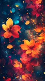 Luminous Flowers in Deep Space with Red and Blue Glow