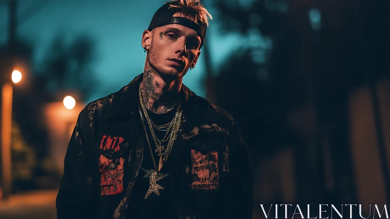 Tattooed man in streetwear at night in urban alleyway.