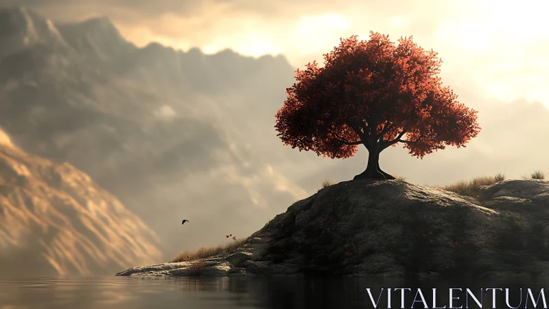 Red-leaved tree on rocky islet before soft mountain range.