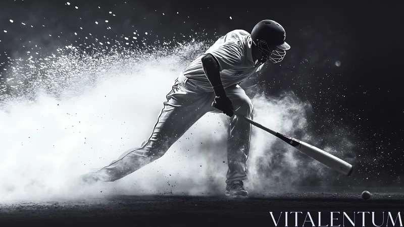 Baseball batter captured mid-swing with dispersed infield dust