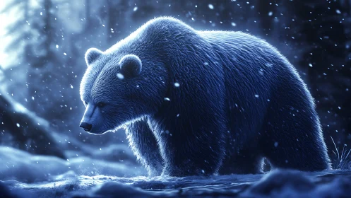 Nocturnal grizzly bear rendered in high-contrast blue light