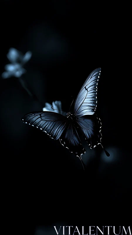 Midnight butterfly writes silver runes across the dark