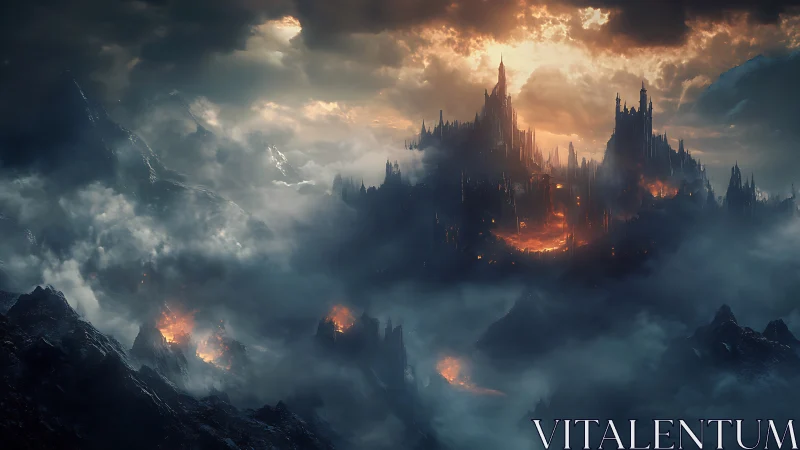 Volcanic fortress landscape under dense storm clouds.