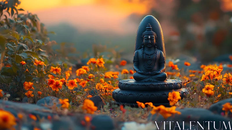 Serene black Buddha statue amid glowing orange meadow at dusk.