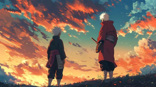 Sunset warriors share a quiet moment beneath painted skies