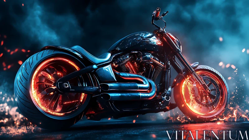 Futuristic black motorcycle with fiery neon wheels at night.