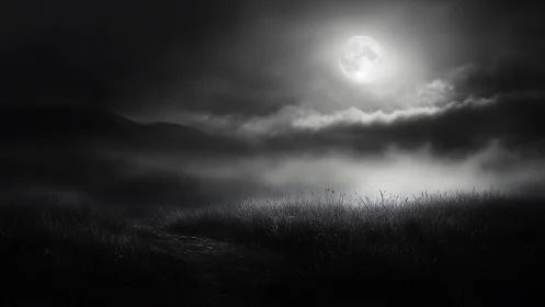 Monochrome lunar landscape with fog bank over nocturnal grassland
