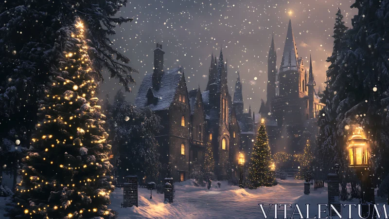 Snow-laden gothic castle avenue with glowing festive lights.