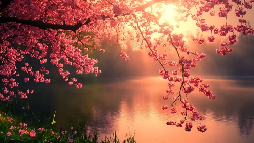 Gentle spring sunset under glowing cherry blossoms by water.