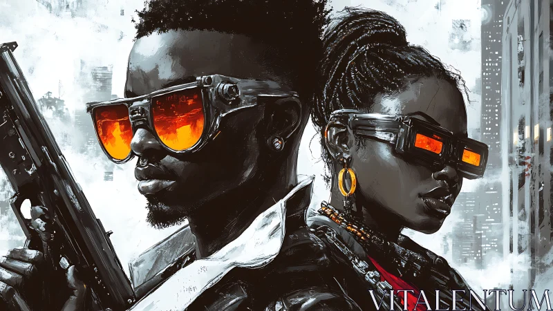 Cyberpunk portrait of two armed figures in neon eyewear.