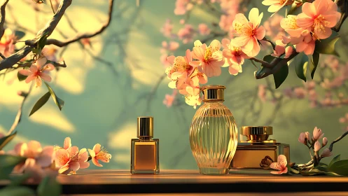 Golden perfume bottles glow amid soft spring blossoms.