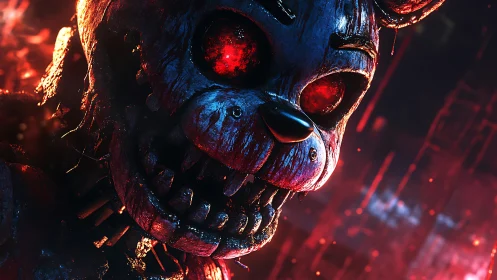 Burning cybernetic horror animatronic with glowing eyes.