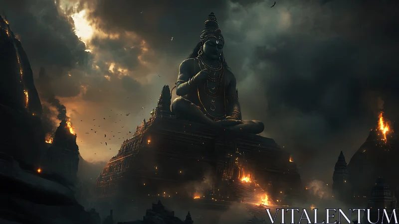 Colossal Shiva monument dominates apocalyptic volcanic skyline