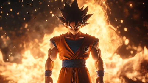 Fiery anime warrior charging up in a blazing aura glow.