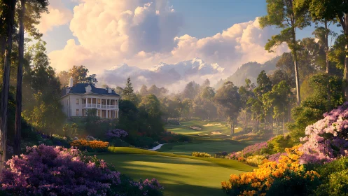 Colonial house above landscaped golf course at sunrise.