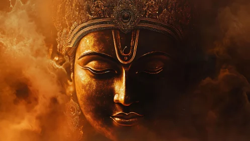 Golden serene goddess face emerging from mystical smoke.