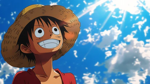 Straw hat anime boy looks upward under bright midday sky