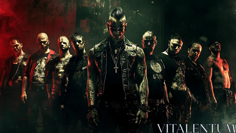 Tattooed industrial metal band stands under harsh split lighting