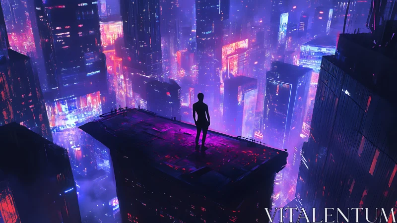 Solitary figure overlooking neon-drenched cyberpunk megacity.