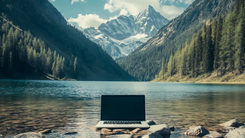 Laptop anchors serene alpine lake scene with rugged peaks.