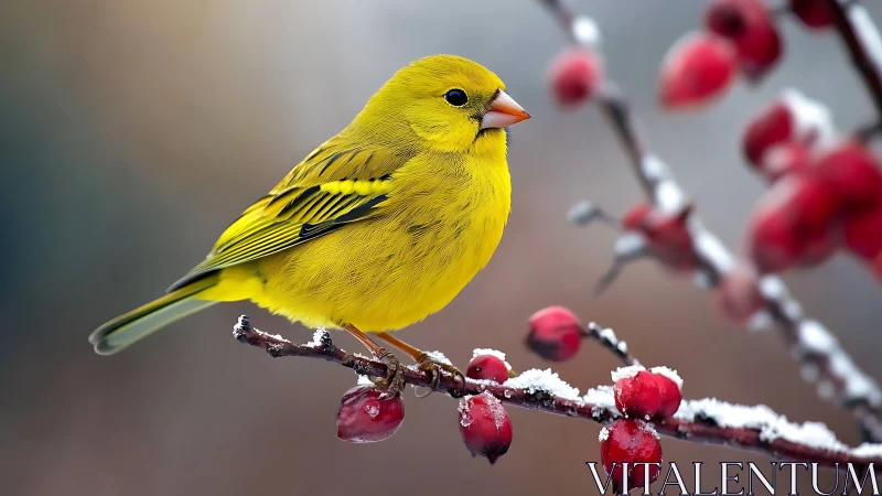 Bright yellow songbird perched on snowy berry branch, realistic style.
